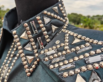 Western Dark Green Show Shirt with Stretch | Rodeo Queen Dress | Horse Riding Showmanship, Sportsmanship & Horsemanship Attire
