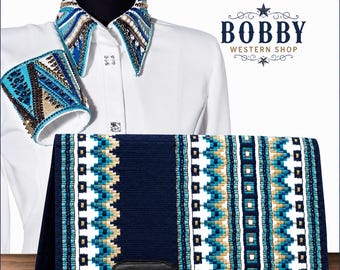 White and Navy Western Show Shirt and Saddle blanket Combo
