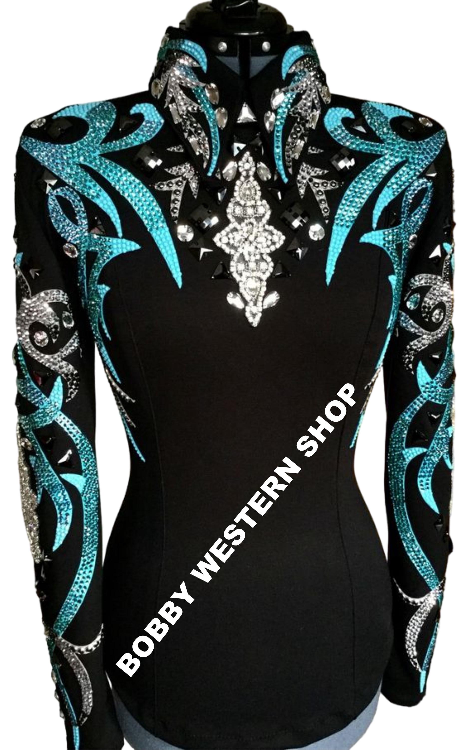 Show Jacket - Turquoise and Silver With Black Base Western New Design Showmanship Jacket Horse Riding Jacket Custom Rodeo Queen Outfit