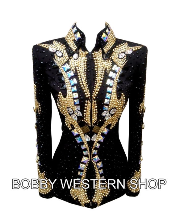 Latest Western Women Gold with Black Base Show Jacket Show Wear Dress Horse Riding Jacket Showmanship Sportsmanship Pleasure.