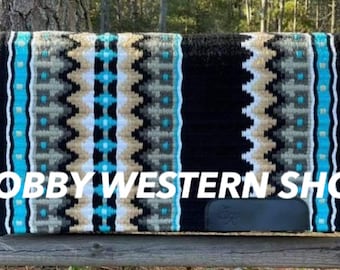 Manta de sela Western turquesa e preta mais vendida - Manta de sela personalizada para shows 100% lã da Nova Zelândia para passeios a cavalo - Manta de sela Western