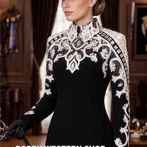 May include: A black equestrian jacket with white and silver embellishments. The jacket features intricate patterns and a high collar. A black cowboy hat and gloves complete the outfit. The text "BOBBY WESTERN SHOP" is at the bottom.