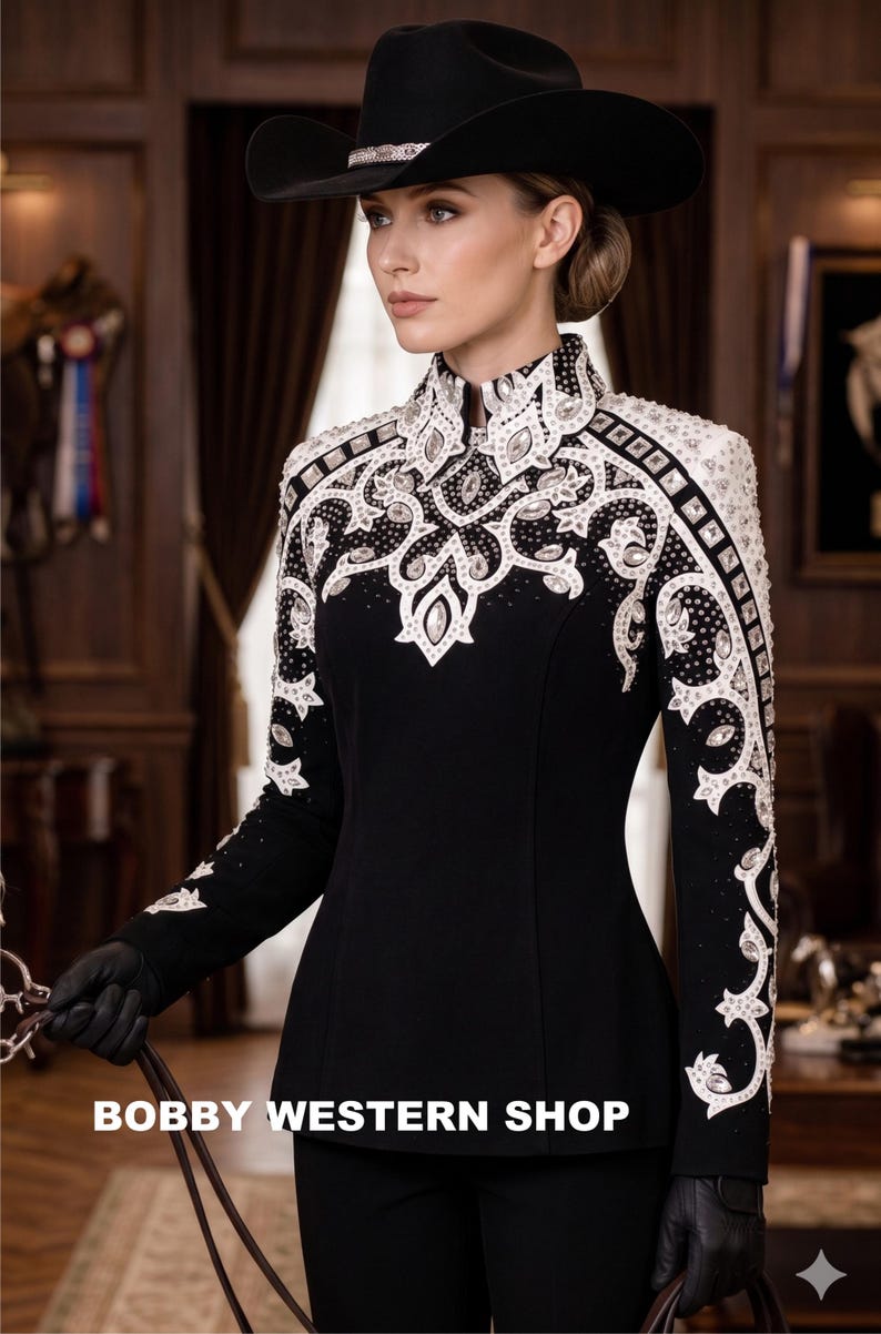May include: A black equestrian jacket with white and silver embellishments. The jacket features intricate patterns and a high collar. A black cowboy hat and gloves complete the outfit. The text "BOBBY WESTERN SHOP" is at the bottom.