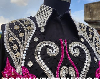 Pink and Silver Stones Black Base Show Vest & Shirt With Matching Saddle Pad Horse Riding Showmanship Western Rail Jacket Horsemanship