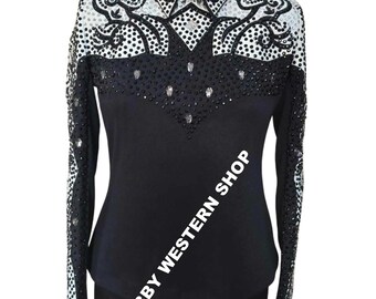 Western Pleasure Show Shirt - Op maat gemaakt zilver-wit showjack met zwarte basis - Kruisstuk voor rodeo - Jas met applicaties voor showmanship