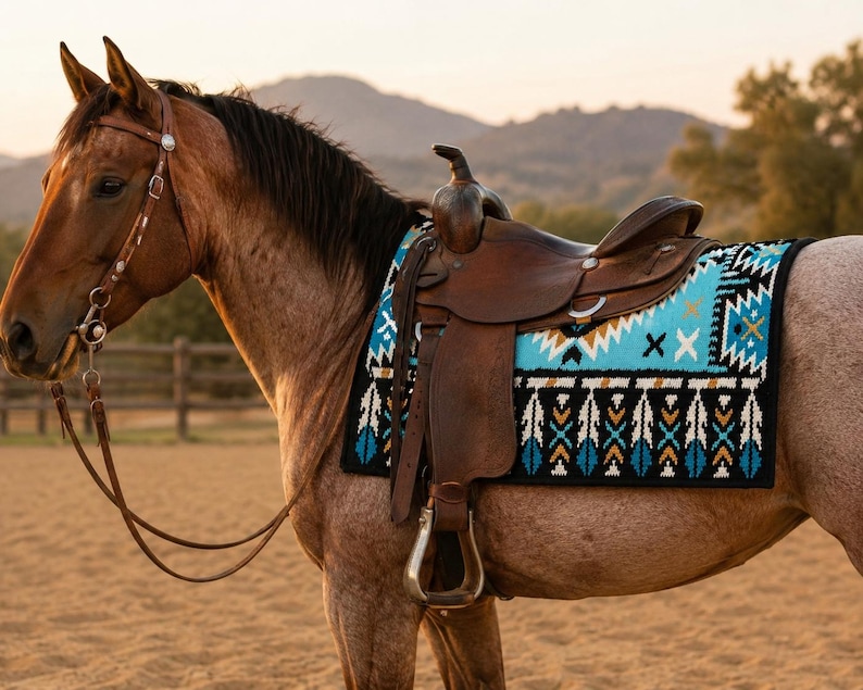 Hot Selling Beautiful Pattern Blue Western Ranch Saddle Pad Made of 100% Genuine New Zealand Wool Horse Blanket Pad Western Navajo Pad image 2