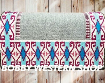 Hot Selling Grey, Blue & Red Western Ranch Saddle Pad - 100% Genuine New Zealand Wool, Ideal for Riding and Show