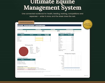 Ultimate Horse Owner Planner Excel Template Equine Health Vaccination Farrier Feed Weight Training Budget Tracker, Barn Management