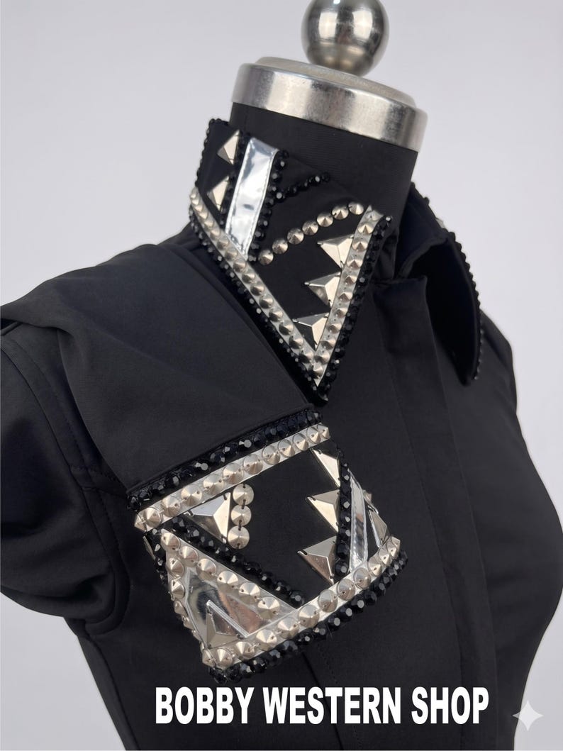 Bestverkopende zwarte western showshirt met Swarovski-stenen voor Rodeo Queen-jurk Paardrijjas Showmanship Horsemanship Paardensport afbeelding 2