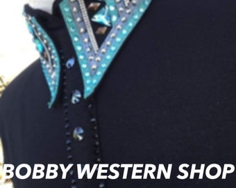 Bestseller Türkis und schwarzes Hemd Western Custom Rodeo Queen, Showmanship, Horsemanship, Western Pleasure Show Shirt & Women Rail Shirt