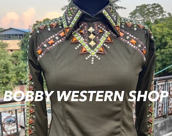 Chaqueta de exhibición verde y cobre con base oliva, última chaqueta de exhibición estilo western, vestido de reina del rodeo, equitación, deportividad, equitación