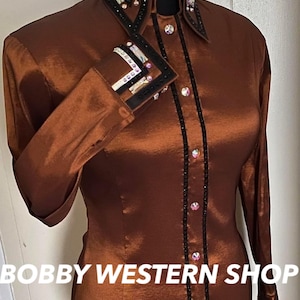 Western Copper Brown Show Shirt Satin Cloth For Rodeo Queen Dress Horse Riding Showmanship Sportsmanship Horsemanship Woman Riding Jacket