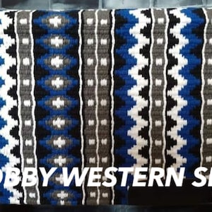 May include: A blue, white, black, and gray woven saddle blanket with a geometric pattern. The blanket has the text "BOBBY WESTERN SHOP" printed on it.
