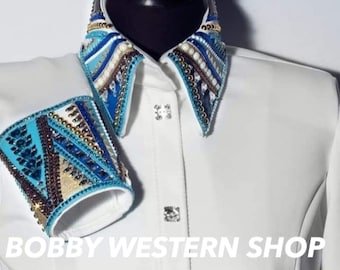 White Show Shirt for Rodeo Queen Dress Glass Stones Applique - Women Horse Riding Showmanship Sportsmanship Horsemanship Pleasure