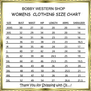 May include: A size chart for women's clothing from Bobby Western Shop. The chart includes bust, waist, hip, length, arms, and shoulder measurements in inches for sizes XXXS to 5XL. The text "Thank You for Shopping with Us....!" is at the bottom.