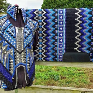Latest Blue & Silver Western Show Vest and Shirt with Black Base, Matching Saddle Pad, Horse Riding Showmanship Outfit, Western Rail Jacket