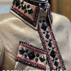 Beige Show Shirt for Rodeo Queen Dress Horse Riding Showmanship Sportsmanship Horsemanship with Glass Stones