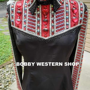 Custom Made RED Accent on Black Base Jacket - Western Custom Rodeo Queen Dress - Applique Showmanship Jacket -STONES