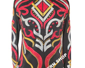 Camisa de exhibición occidental con trabajo en negro, rojo y dorado con piedras de vidrio / Vestido de reina de rodeo / Montar a caballo, espectáculo, camisa de exhibición para ella