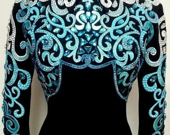 Custom Made Blue And Turquoise With Black Base Crotch Top / Body Suit Western Show Jacket Horse Riding Jacket For Women