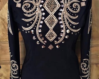 Custom Made Golden Stones With Black Base Crotch Top Body Suit Western Show Jacket Rodeo Dress Horse Riding Design Showmanship Horsemanship