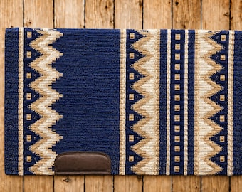 Navy Blue & Beige Western Show Saddle Pad - 100% Genuine New Zealand Wool Ranch and Equestrian Saddle Blanket