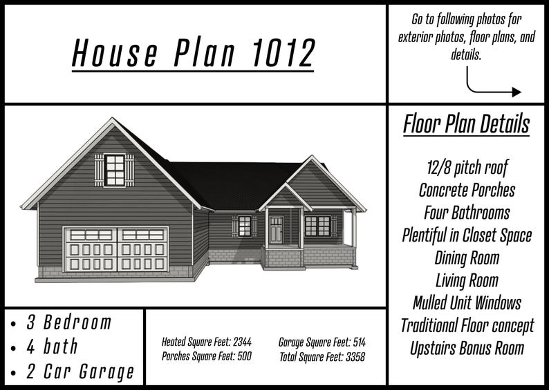 Traditional House Plan | 3 Bedroom 4 Bathroom | Traditional Floor Concept | Instant Download image 2