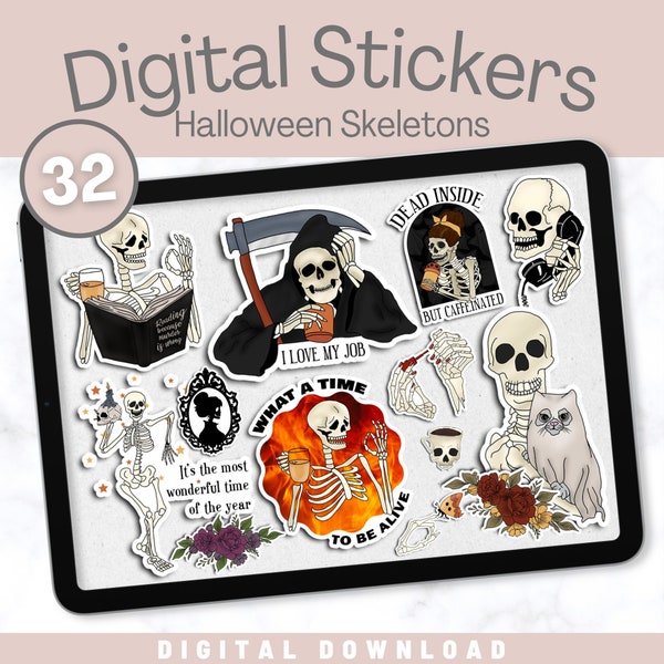 HALLOWEEN SKELETONS Digital Stickers for Goodnotes, Notability, XODO | Spooky Planner Bullet Journal Stickers