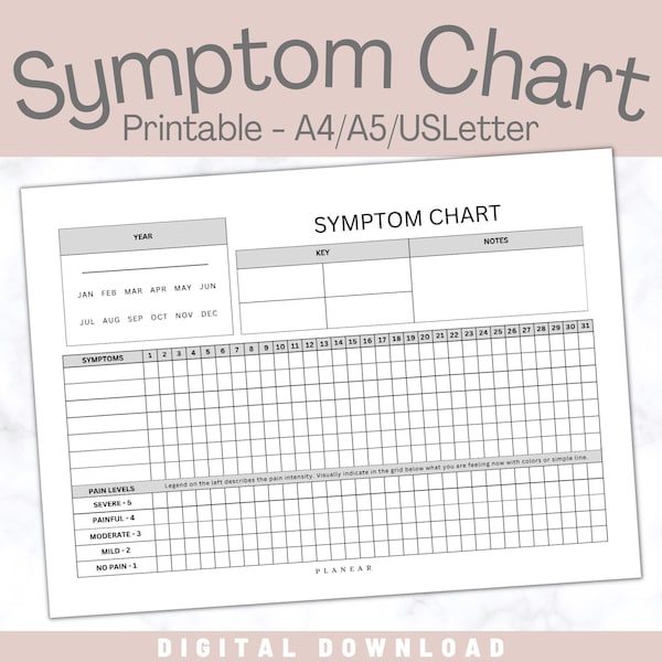 SYMPTOM- UND SCHMERZ-TABELLE | Druckbarer A4/A5/Letter Monatlicher Frequenz & Schweregrad Medizinischer Tracker für Chronische Krankheiten und Andere