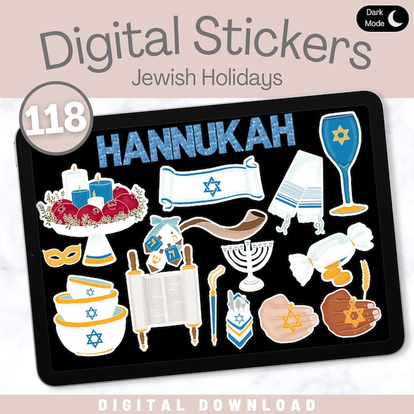 JEWISH HOLIDAYS for Planners and Journals Digital Stickers for Goodnotes, Notability, Xodo | Judaism Calendar Icons Hannukah Dark Mode