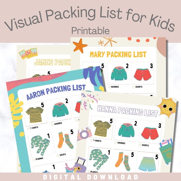 Kids Visual Packing List, 4 Printable Canva Editable Travel Checklist Templates, Children Montessori Instant Download