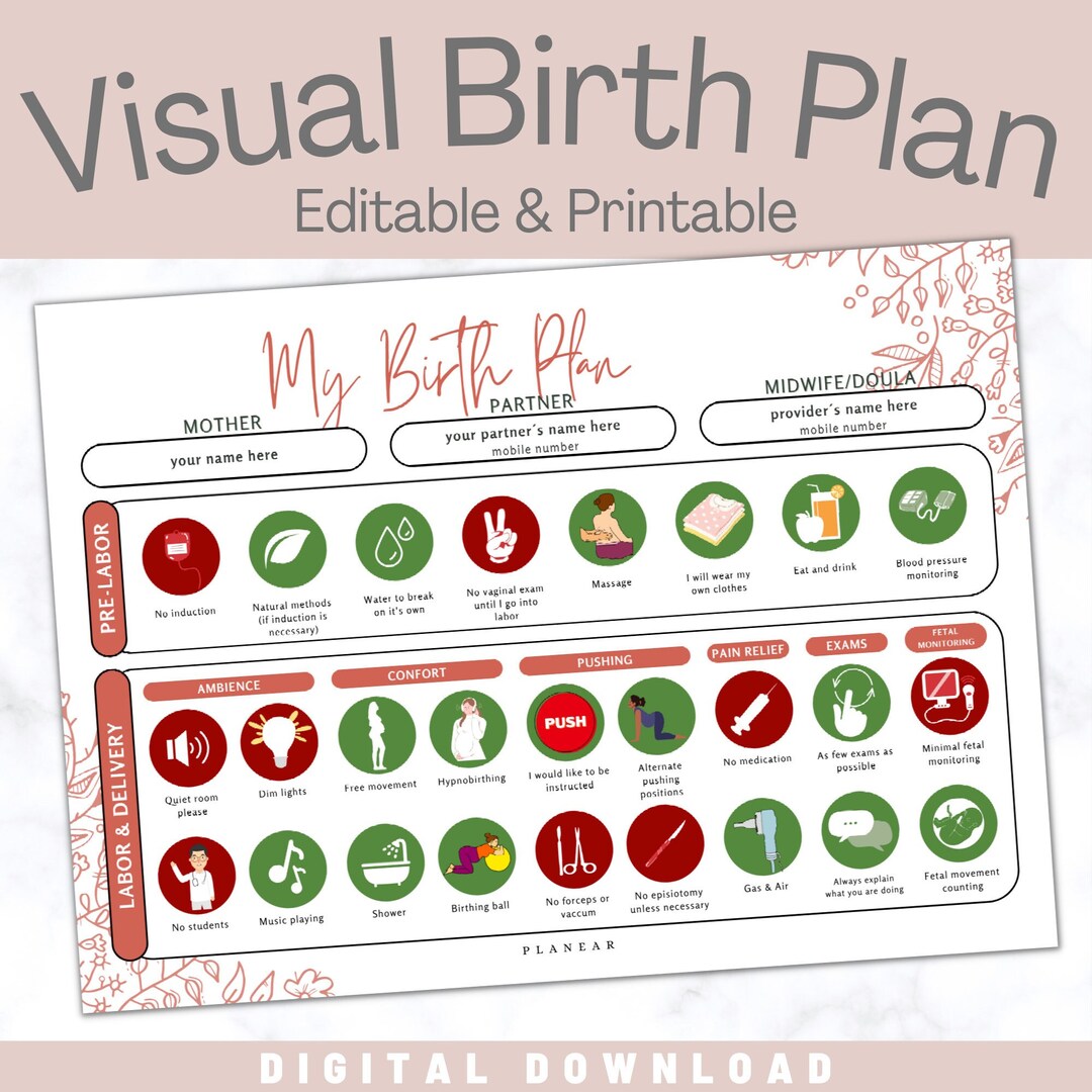 VISUAL BIRTH PLAN Editable & Printable Natural Birth Preference Canva ...