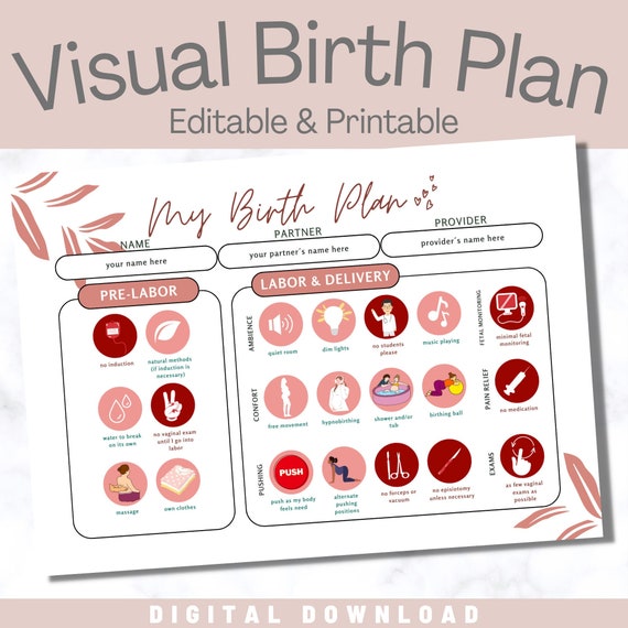 VISUAL BIRTH PLAN Editable & Printable Natural Birth - Etsy