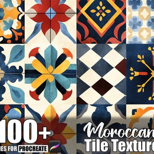 May include: A selection of colourful Moroccan tile textures. The image shows a grid of various tile designs with floral and geometric patterns in shades of blue, orange, red, and yellow. Text reads "100+ Brushes for Procreate" and "Moroccan Tile Texture."