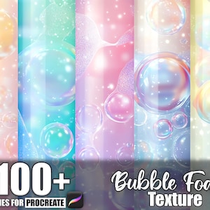 Puede incluir: Un gráfico de arte digital con texturas de burbujas en tonos naranja, verde azulado, rosa y morado. La imagen incluye el texto "100+ Brushes for Procreate" y "Bubble Foam Texture."
