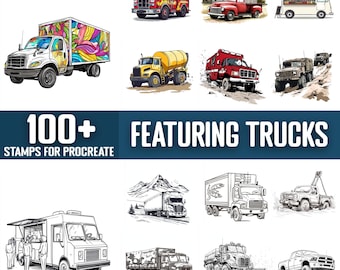 May include: A set of 100+ digital stamps for Procreate featuring various truck designs. The stamps include a variety of trucks, including a food truck, a fire truck, a cement mixer, a military truck, and a delivery truck. The stamps are in black and white and are perfect for adding a touch of realism to your digital art.