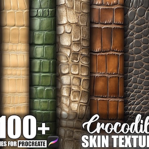 Può includere: Una collezione di texture di pelle di coccodrillo in vari colori, tra cui marrone, beige, verde e marrone chiaro. L'immagine presenta il testo "100+ Brushes for Procreate" e "Crocodile Skin Texture".