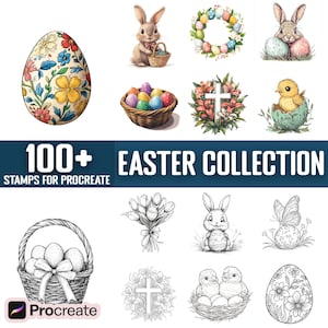 May include: A collection of 100+ Easter themed digital stamps for Procreate. The stamps feature a variety of designs, including bunnies, chicks, eggs, flowers, and crosses. The stamps are perfect for adding a touch of Easter cheer to your digital art.