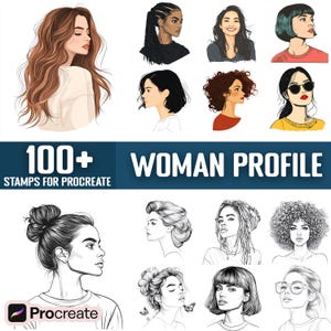 Può includere: Un set di illustrazioni digitali di oltre 100 timbri di profilo femminile per Procreate. I timbri presentano vari stili di capelli, espressioni facciali e stili di abbigliamento. Il set include illustrazioni a colori e in bianco e nero.