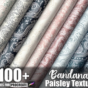 May include: A collection of rolled fabric featuring various paisley patterns in shades of white, pink, gray, and navy blue. The image includes the text "100+ Brushes for Procreate" and "Bandana Paisley Texture".