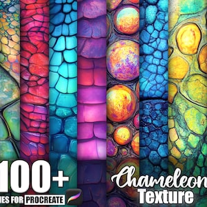 Puede incluir: Un gráfico de arte digital que presenta una colección de texturas de camaleón coloridas. Las texturas incluyen varios patrones y colores, como rojo, azul, morado y amarillo. También se ve el texto "100+ Brushes for Procreate" y "Chameleon Texture".