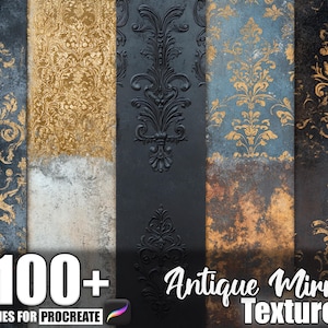 May include: A digital art product showcasing a collection of antique mirror textures. The image displays various designs with ornate patterns in gold, black, and blue hues. The text reads "100+ Brushes for Procreate" and "Antique Mirror Texture".