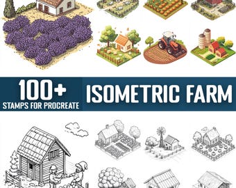 May include: 100+ Isometric Farm stamps for Procreate. The image shows a collection of digital stamps featuring farm scenes, including houses, barns, fields, and farm animals. The stamps are in a variety of styles, including cartoon, realistic, and line art.