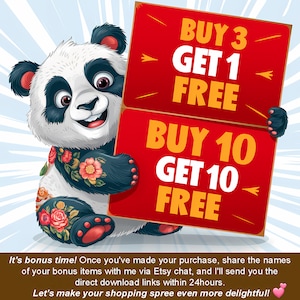 Pu&ograve; includere: Un panda dei cartoni animati che tiene un cartello rosso con il testo "BUY 3 GET 1 FREE" e "BUY 10 GET 10 FREE". Il panda ha un tatuaggio floreale.