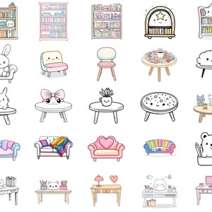 May include: A collection of cute cartoon illustrations featuring furniture, bookshelves, and other home decor items. The illustrations are in a whimsical style with pastel colors and playful details.