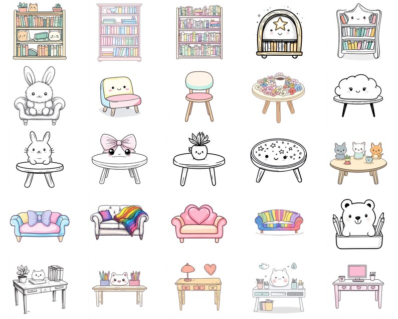 May include: A collection of cute cartoon illustrations featuring furniture, bookshelves, and other home decor items. The illustrations are in a whimsical style with pastel colors and playful details.