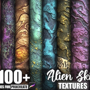 May include: A collection of colorful, textured digital art brushes. The image displays a variety of alien skin textures in shades of purple, gold, teal, and brown. Text on the image reads "100+ Brushes for Procreate" and "Alien Skin Textures."