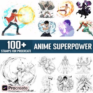May include: A collection of 100+ anime superpower stamps for Procreate. The stamps feature various characters with different powers, including fire, water, and energy blasts. The stamps are in black and white and color.