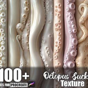 May include: A collection of octopus tentacles in various shades of white, cream, and pink, with visible suckers. The image includes the text "100+ Brushes for Procreate" and "Octopus Suckers Texture".