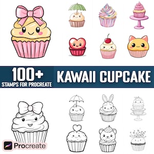Puede incluir: Un conjunto de más de 100 sellos Kawaii Cupcake para Procreate, con diseños de cupcakes lindos y coloridos con varios ingredientes y expresiones. Los sellos son perfectos para agregar un toque de fantasía a tu arte digital.